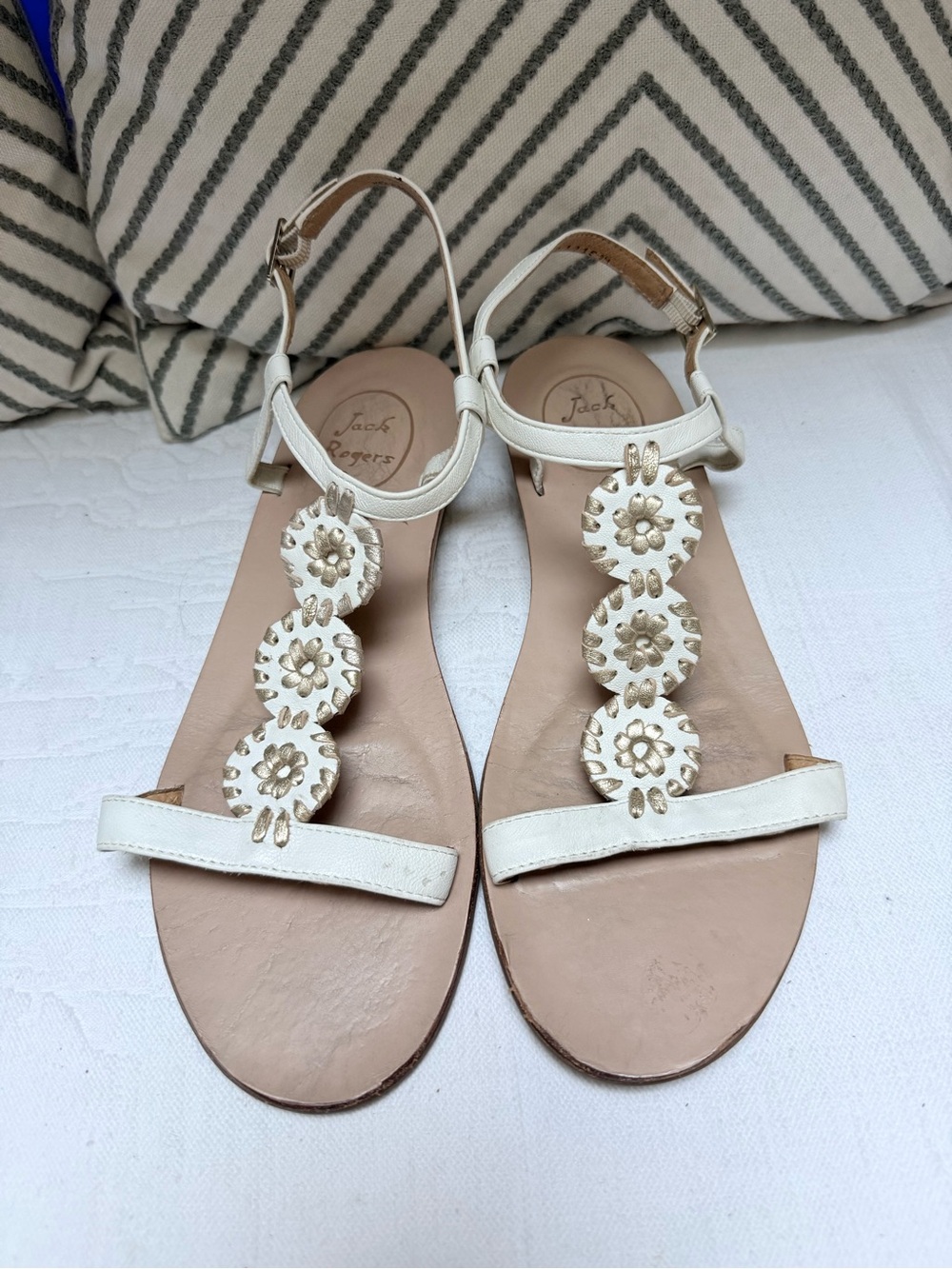 Jack Rogers White Leather T-Strap Sandals with Gold Accents